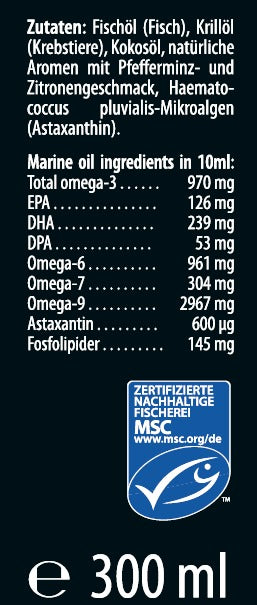 EPA, DHA über 1000 & alle Inhaltsstoffe inkluse Astaxanthin und Phospholipiden sind erwähtn. MSC Gütesiegel ist Teil des zertifizierten Prozesses in der Herstellung und Produktion