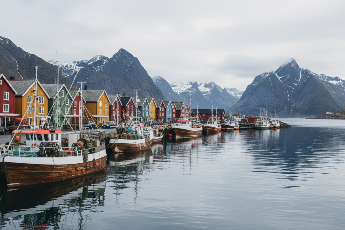 Einen norwegischen Hafen mit Fischkutter im Hintergrund